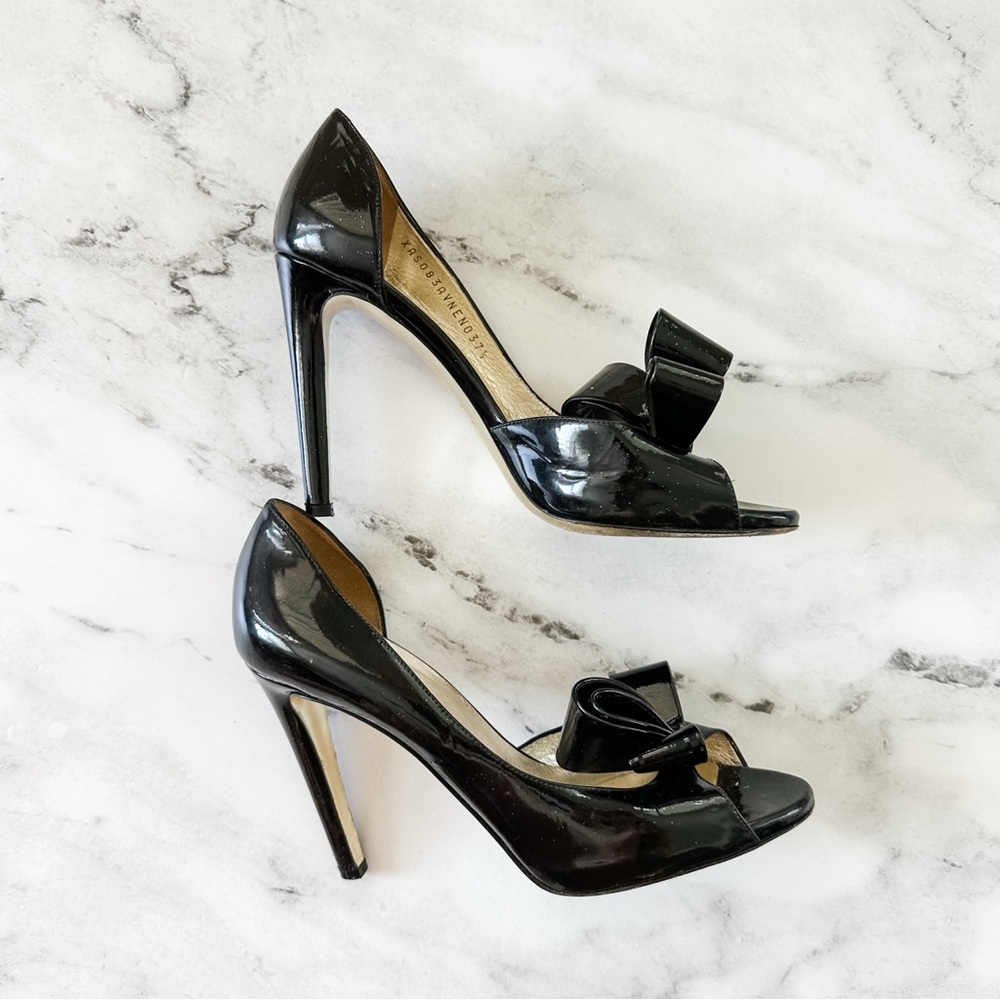 Valentino Garavani D'orsay Black Patent Bow Leather Open Toe Heels - Picture 8 of 11